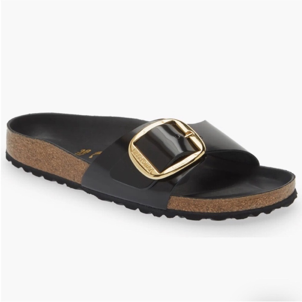 Birkenstock Black Patent Madrid Sandal with Gold Buckle Accent